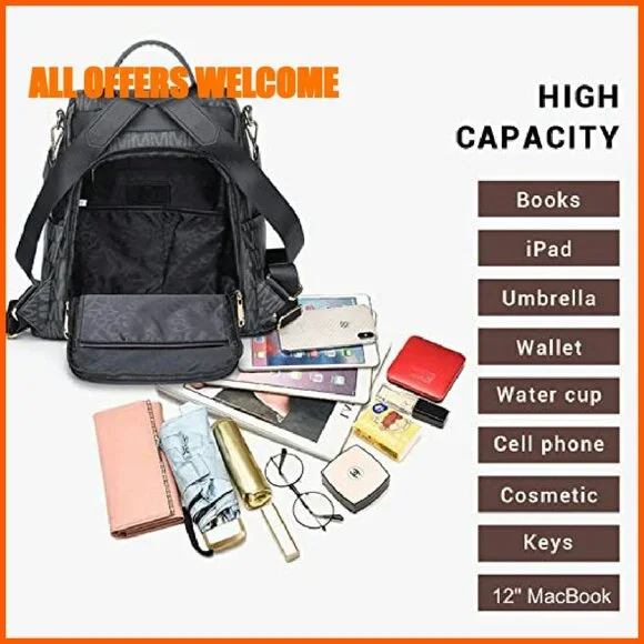 Vegan Leather Anti-Theft Backpack Purse with Multiple Pockets for Travel & - Picture 6 of 8